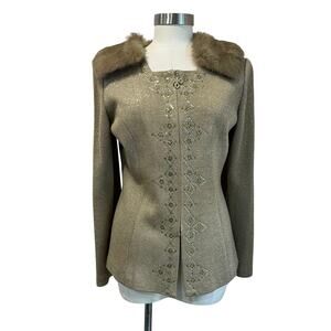 VTG Donna Vinci Knits Gold Faux Fur Collar Rhinestone Embellished Jacket Sz 6